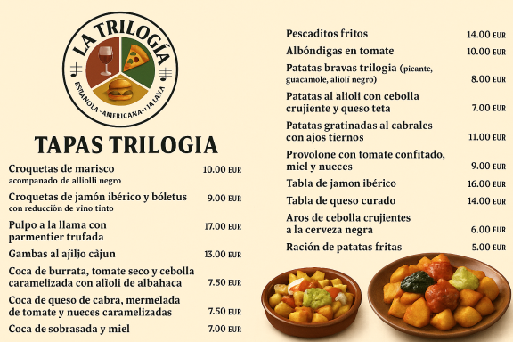 Menú de tapas de La Trilogía con opciones variadas y precios.